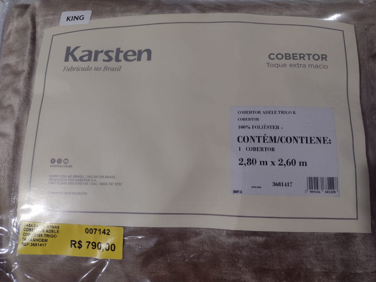 COBERTOR ADELE COR 10195 TRIGO TAMANHOEMCM 28000X26000 RETANGULAR KING COMPOSICAO 100 POLIESTER 1 QUALIDADE 0 GM2 COBERT