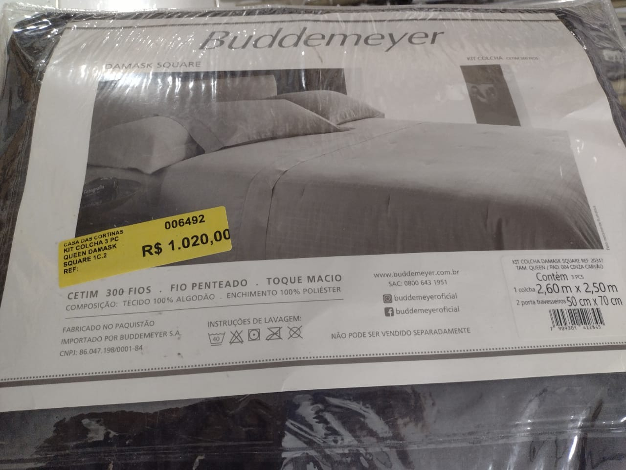 KIT COLCHA 3 PC QUEEN DAMASK SQUARE 1C.260/250 2C.50/70 CINZA CARVAO