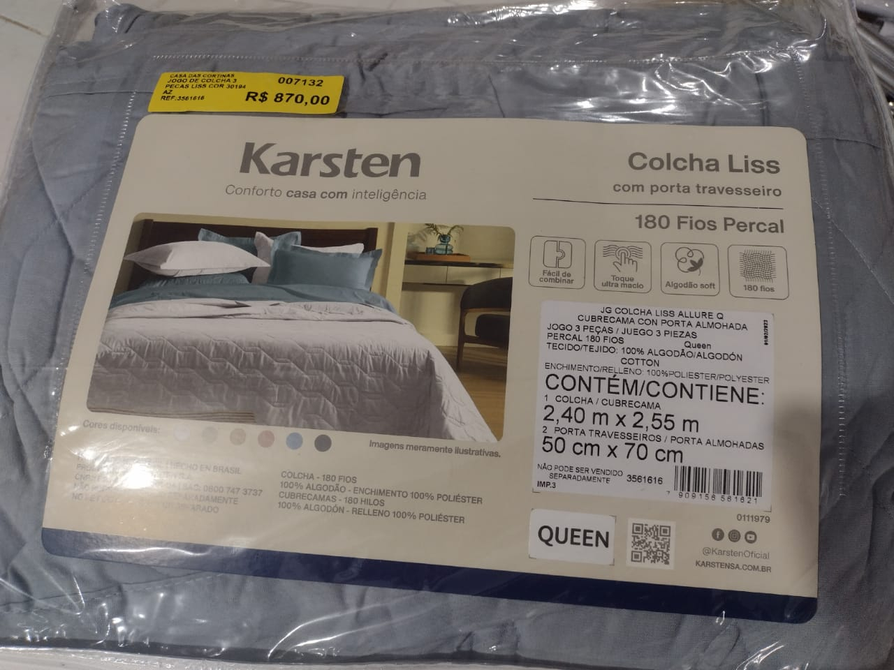 JOGO DE COLCHA 3 PECAS LISS COR 30194 AZUL TAMANHOEMCM 24000X25500 RETANGULAR QUEEN COMPOSICAO 100 ALGODAO 1 QUALIDADE 1